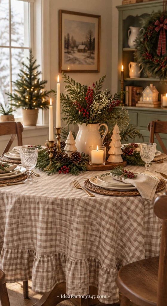 A cozy dining table set for Christmas with plaid tablecloth, candles, greenery, wooden trees, and festive dishes. A small lit tree and wreath decorate the background.