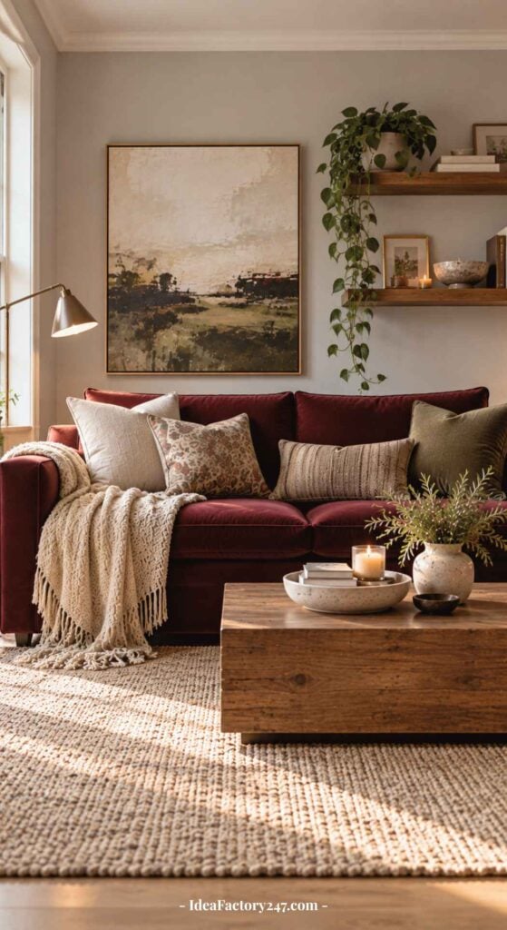 Cozy burgundy sofa living room with assorted pillows, a knit blanket, wooden coffee table with decor, rug, wall art, shelves with plants, and warm sunlight.