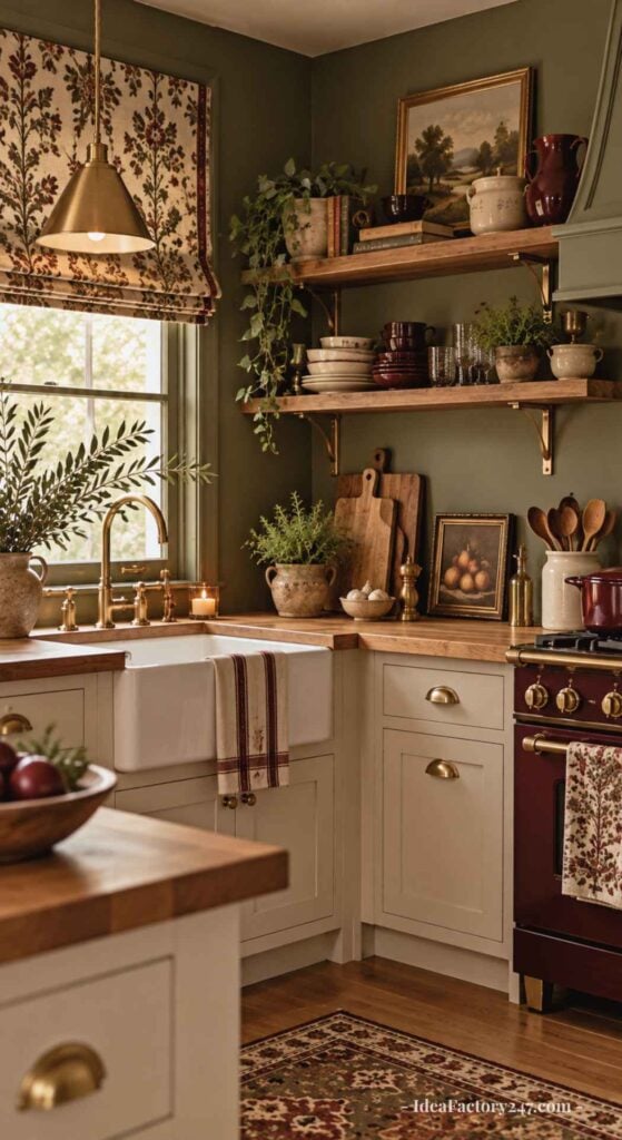 Cozy vintage kitchen with green walls, gold fixtures, open wooden shelves, potted plants, and floral curtains. A farmhouse sink, red stove, and decorative art create a warm, inviting atmosphere.
