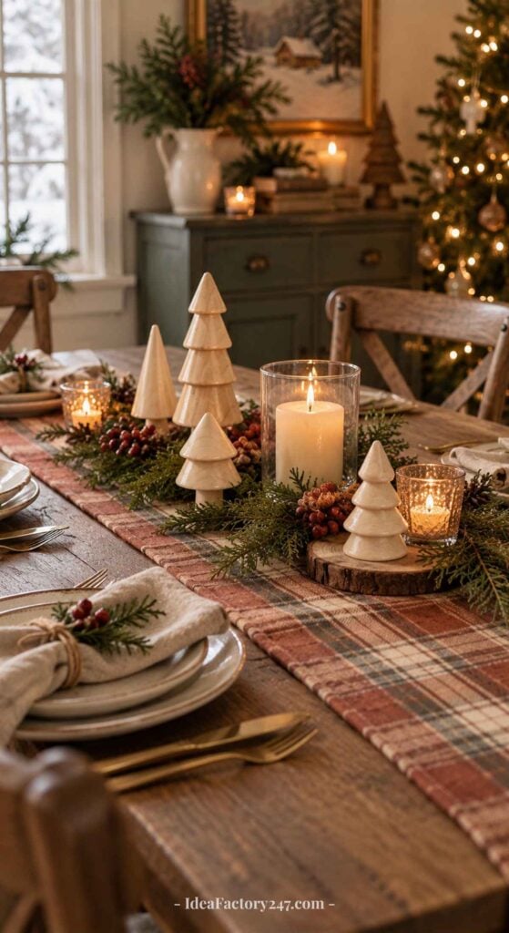 A festive dining table decorated with plaid runner, candles, small wooden tree ornaments, greenery, and berries. Plates with napkins and pine sprigs are set for a cozy holiday meal; a lit Christmas tree is in the background.