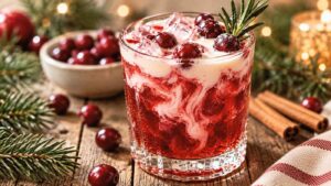 A festive cocktail with ice, cranberries, and creamy swirls in a glass, garnished with rosemary. Nearby are cranberries, pine branches, cinnamon sticks, and a lit candle.