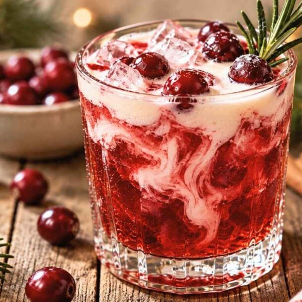 A festive cocktail with ice, cranberries, and creamy swirls in a glass, garnished with rosemary. Nearby are cranberries, pine branches, cinnamon sticks, and a lit candle.