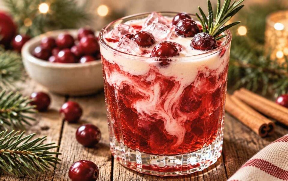 A festive cocktail with ice, cranberries, and creamy swirls in a glass, garnished with rosemary. Nearby are cranberries, pine branches, cinnamon sticks, and a lit candle.