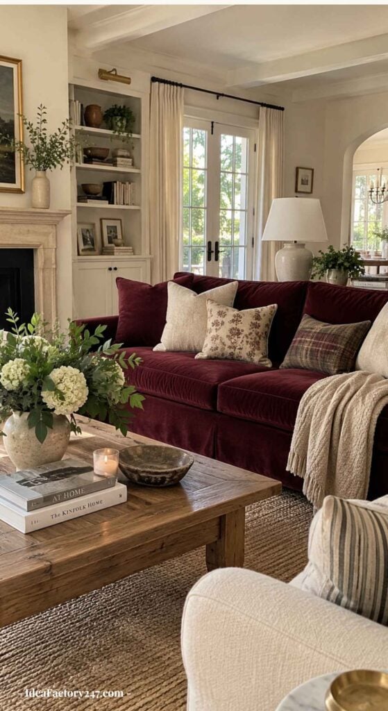 A cozy living room with a red velvet sofa, floral and plaid pillows, a wooden coffee table with flowers, books, and a candle, and light streaming through French doors.