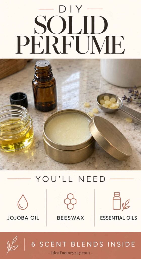 Create your own signature scent with this DIY Solid Perfume kit featuring a tin of solid perfume, a small bottle, a bowl of oil, wax pellets, and fragrant sprigs of lavender. The included ingredients—jojoba oil, beeswax, and essential oils—make it easy to craft a personalized fragrance that’s uniquely yours.