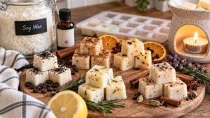 Several stacks of handmade wax melts with various textures and natural ingredients are displayed on a wooden board, surrounded by soy wax, dried herbs, citrus slices, and a bottle of essential oil.