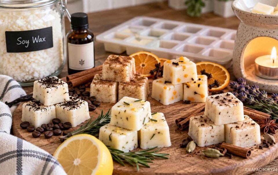 Several stacks of handmade wax melts with various textures and natural ingredients are displayed on a wooden board, surrounded by soy wax, dried herbs, citrus slices, and a bottle of essential oil.