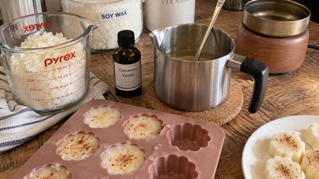A candle-making setup on a wooden table with soy wax in a Pyrex cup, cinnamon vanilla fragrance oil, melting pot, silicone mold with wax, and a wax warmer—perfect for experimenting with DIY Wax Melts Recipes.