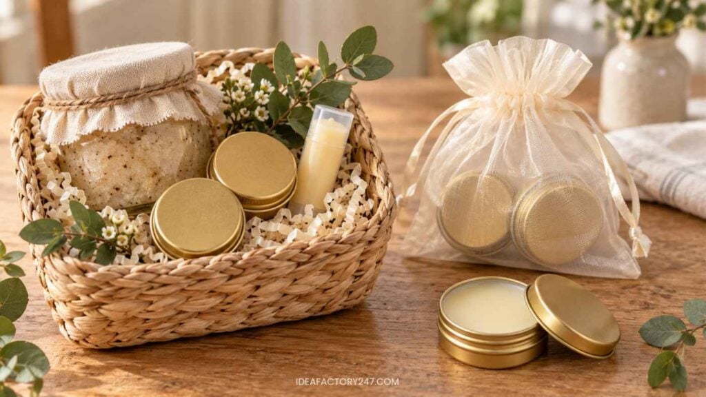 A wicker basket contains jars and tins of skincare products, a DIY Solid Perfume, a lip balm tube, and greenery. Next to it is a sheer bag with tins, all arranged on a wooden table with a warm, natural setting.