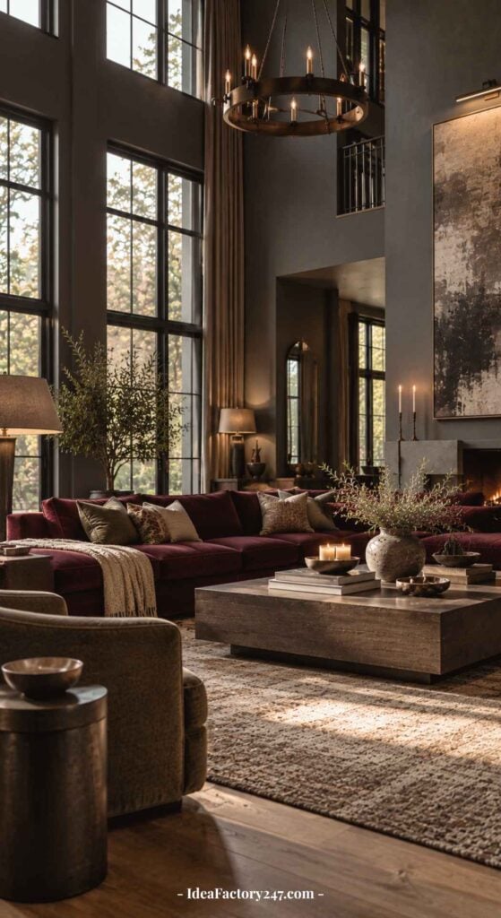 Spacious burgundy sofa living room with tall windows, dark walls, a modern chandelier, plush burgundy sofas, a large rug, a wooden coffee table, decorative plants, and candles, filled with natural light.