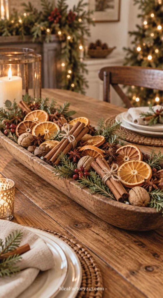 A wooden table with a festive centerpiece of dried orange slices, cinnamon sticks, walnuts, pine sprigs, and berries. A lit candle and decorated plates are also visible, creating a cozy holiday atmosphere.
