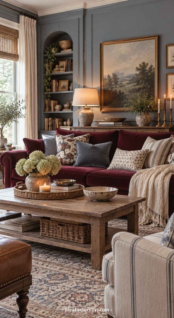 Cozy burgundy sofa living room with patterned pillows, wooden coffee table, bookshelves, table lamps, framed art, candles, and plants. Warm lighting and classic decor create an inviting, elegant atmosphere.