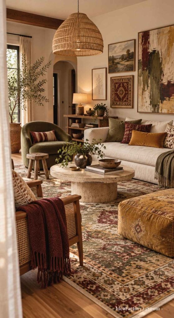 Cozy living room with earth-toned decor, patterned rug, green and beige sofas, wooden furniture, indoor plants, and various art pieces on the walls. Warm natural light fills the space.