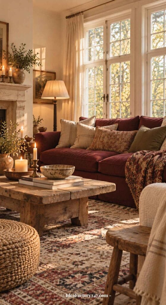 Cozy burgundy sofa living room with patterned pillows, a rustic wooden table, lit candles, and a woven rug. Large windows let in natural light, while books and plants add warmth to the space.