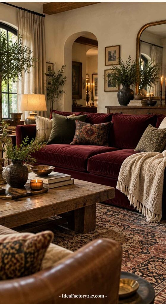 A cozy living room with a red velvet sofa, patterned pillows, a wooden coffee table with candles and books, and plants. Warm lighting and classic decor create a welcoming, elegant atmosphere.