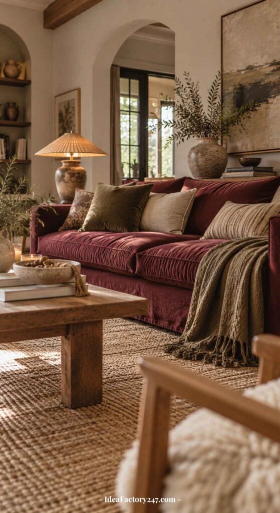 A cozy burgundy sofa living room features a maroon velvet sofa, earth-toned pillows and throws, a wooden coffee table with books, a woven rug, pottery vases, and warm ambient lighting from a table lamp.