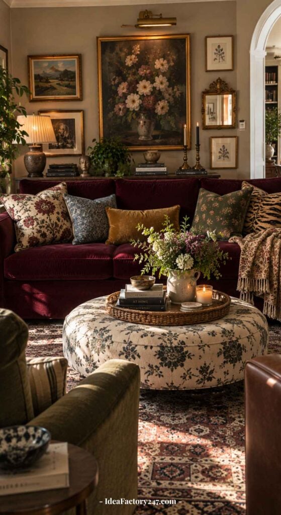 Cozy living room with a burgundy sofa, assorted patterned pillows, a floral ottoman with tray, candles, and flowers. Framed art and warm lighting create a welcoming, vintage-inspired space.