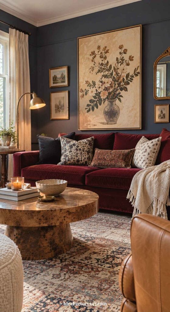 A cozy burgundy sofa living room with floral pillows, a round wooden coffee table, a large floral painting, and framed art on dark walls, featuring warm lighting and a patterned rug.