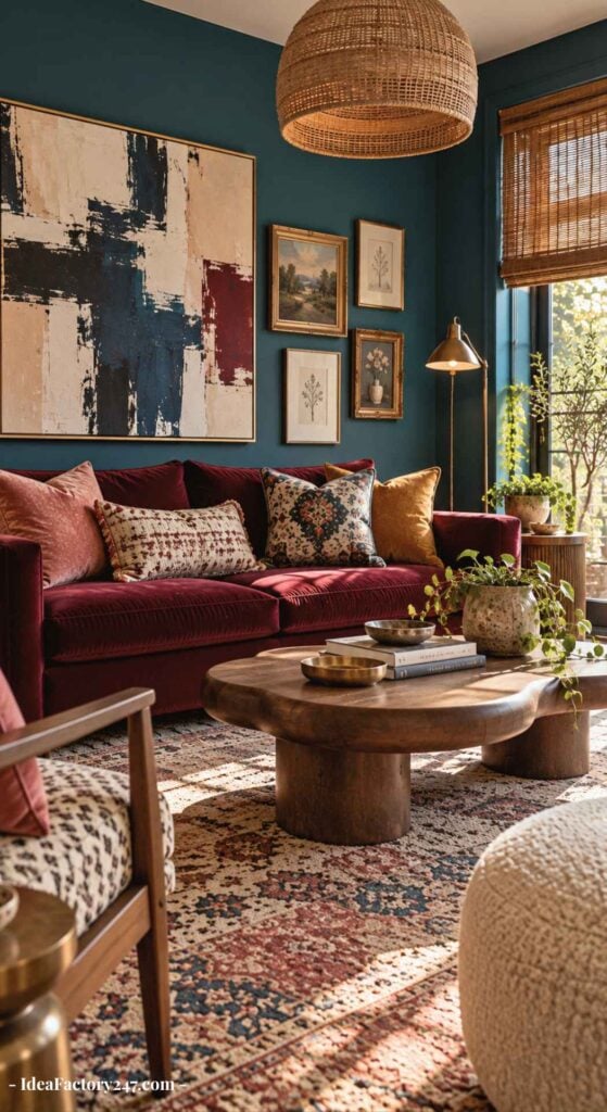 Cozy burgundy sofa living room featuring a velvet burgundy sofa, patterned pillows, wooden coffee table, woven pendant light, artwork on teal walls, and sunlight streaming through bamboo blinds.