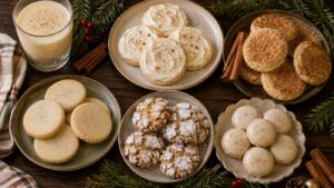 A variety of holiday cookies are arranged on plates with a glass of eggnog, cinnamon sticks, and evergreen sprigs. The cookies include frosted, powdered sugar, snickerdoodle, and sugar cookie types.