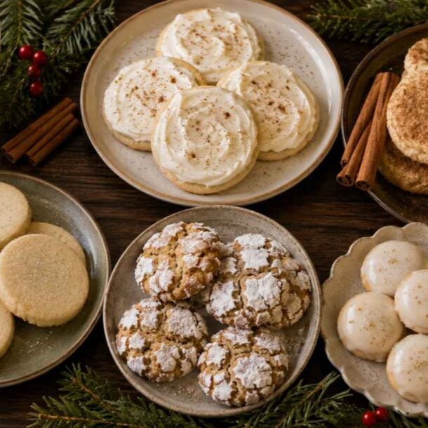 A variety of holiday cookies are arranged on plates with a glass of eggnog, cinnamon sticks, and evergreen sprigs. The cookies include frosted, powdered sugar, snickerdoodle, and sugar cookie types.