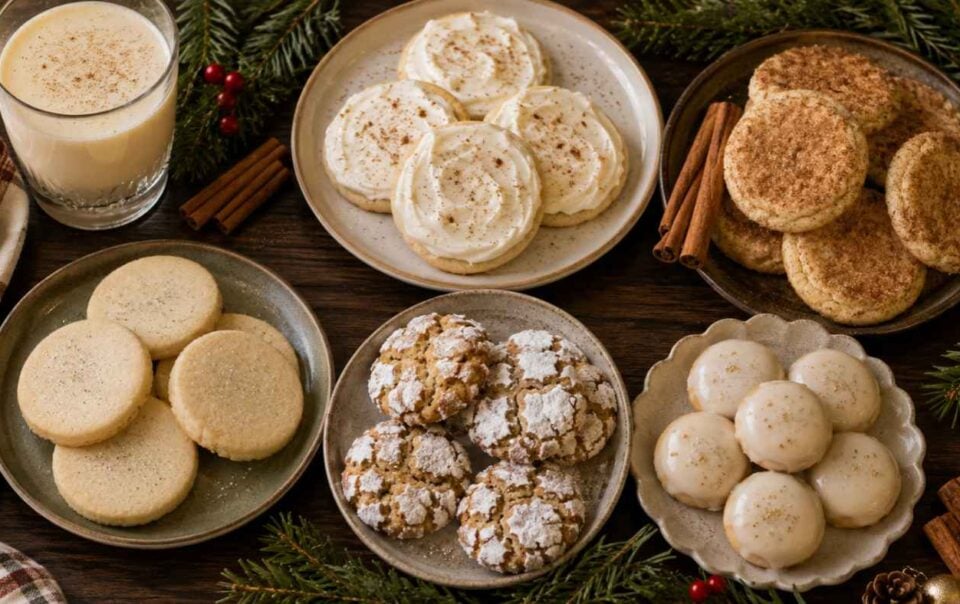 A variety of holiday cookies are arranged on plates with a glass of eggnog, cinnamon sticks, and evergreen sprigs. The cookies include frosted, powdered sugar, snickerdoodle, and sugar cookie types.