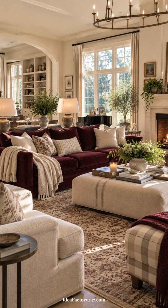 Cozy living room with a burgundy sofa, cream chairs, patterned rug, ottoman, books, candles, and green plants. Large windows let in sunlight, highlighting the warm, inviting decor and fireplace.