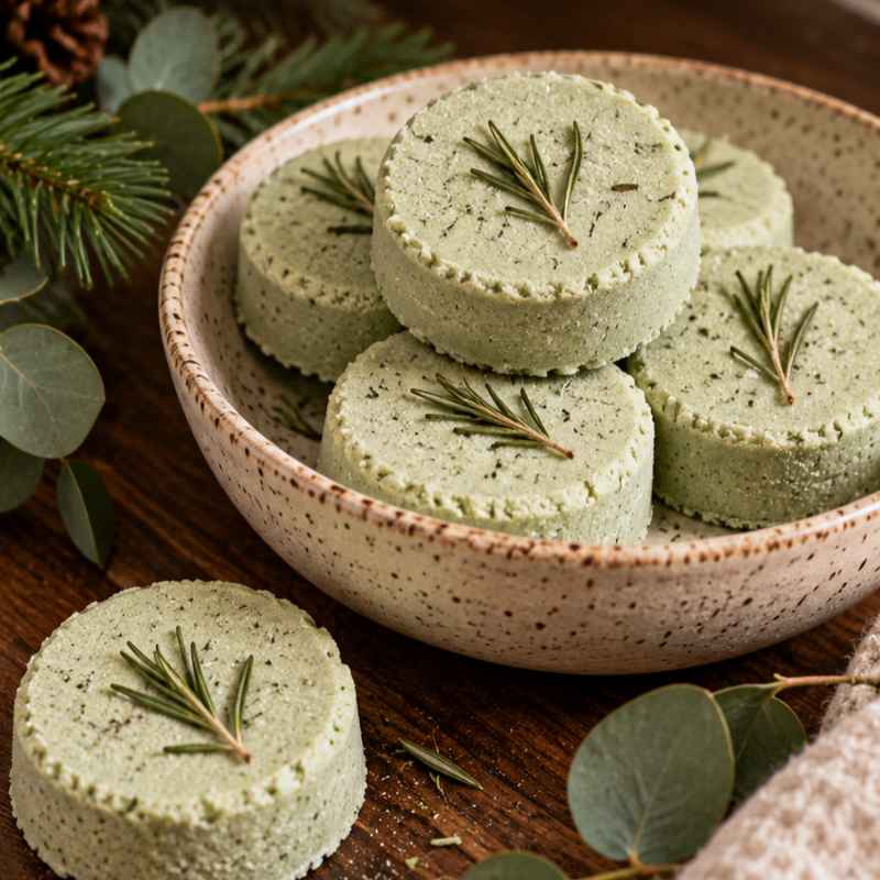 A bowl of round, green homemade bath bombs garnished with rosemary sprigs sits on a wooden surface, surrounded by eucalyptus leaves and pine branches.