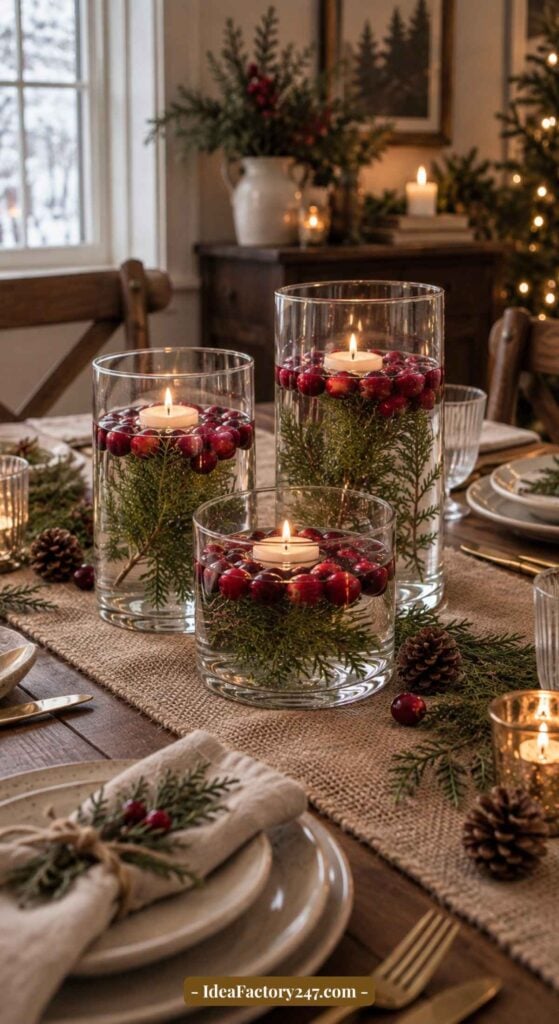 Three glass vases with floating candles, cranberries, and greenery are arranged on a wooden dining table set for a holiday meal, surrounded by pinecones, candles, plates, and festive decorations.