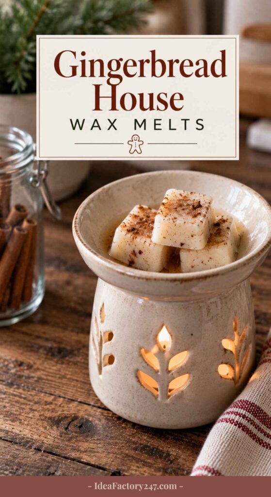 A ceramic wax warmer with melted christmas wax melts cubes sprinkled with cinnamon, beside a jar of cinnamon sticks on a wooden table. A sign reads Gingerbread House Wax Melts. Cozy, rustic decor is visible.