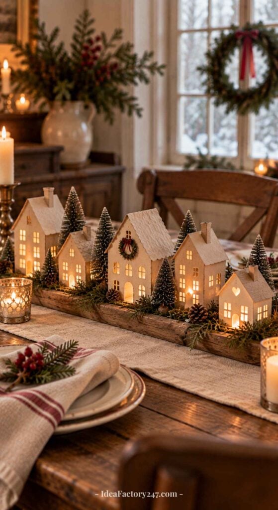 A cozy dining table decorated with illuminated wooden houses, pine trees, candles, and holiday greenery, with a wreath hanging on the window in the background.