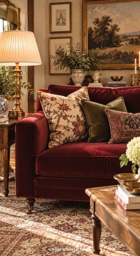 A cozy burgundy sofa living room featuring a red velvet sofa, patterned throw pillows, a wooden coffee table, a table lamp, framed art, flower arrangements, and decorative accents in a warm, traditional style.