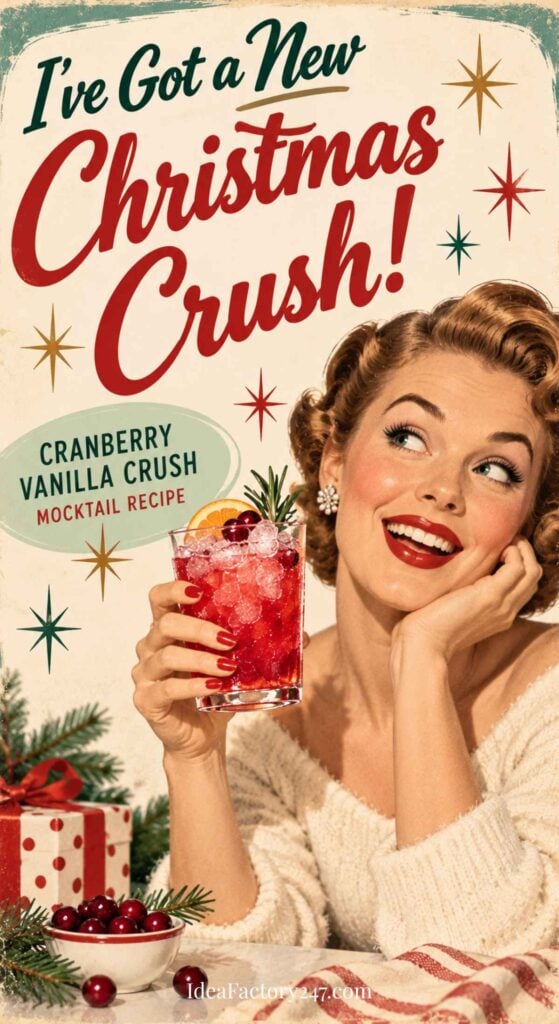 Smiling woman in vintage style holding a festive red drink with cranberries; text reads Ive Got a New Christmas Crush! Cranberry Vanilla Crush mocktail recipe. Gifts and holiday decor are in the background.