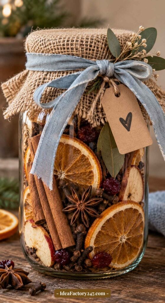 A glass jar filled with dried orange slices, apple slices, cinnamon sticks, star anise, and cloves—perfect for simmer pot gift ideas—topped with burlap, a blue ribbon, greenery, and a heart-tag, sitting on a wooden surface.