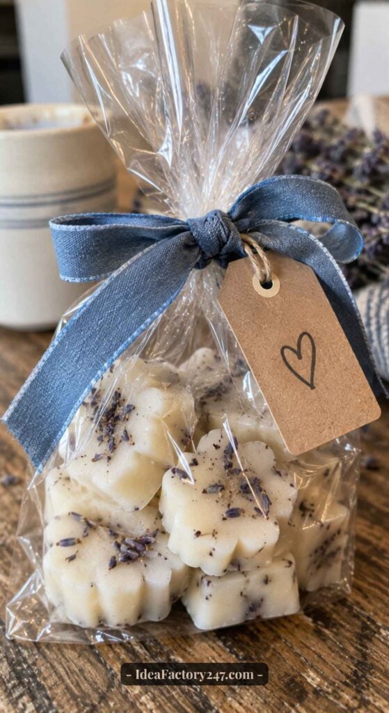 A clear bag filled with flower-shaped wax melts, crafted from our favorite DIY Wax Melts Recipes and sprinkled with lavender, is tied with a blue ribbon and a heart-tag as it sits on a wooden table.