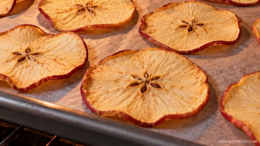 Thin slices of dried apples with visible seeds are arranged alongside dried orange slices on a parchment-lined baking tray, ready for use as snacks or ingredients.