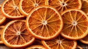A close-up view of several overlapping dried orange slices, showing their detailed texture and rich orange-brown color.