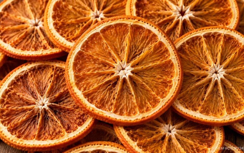 A close-up view of several overlapping dried orange slices, showing their detailed texture and rich orange-brown color.