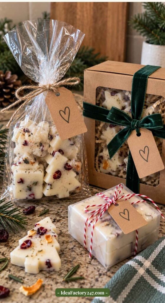 Gift-wrapped homemade christmas wax melts in festive shapes, decorated with dried fruit and herbs, are displayed on a wooden table with greenery and kraft tags—ideal for holiday gifting.