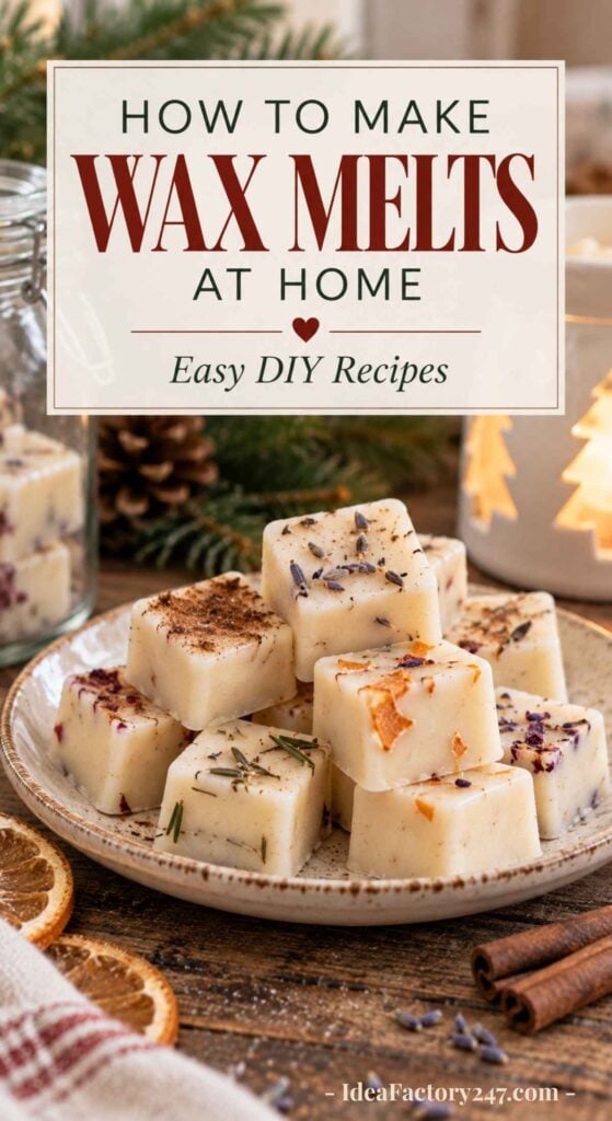 A plate of homemade christmas wax melts with herbs and dried flowers on top, surrounded by dried orange slices, pinecones, and holiday decor. Text reads: How to Make Wax Melts at Home—Easy DIY Recipes.