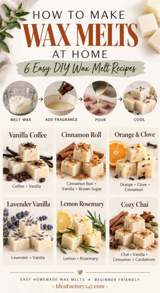 Infographic showing how to make wax melts at home, with images of different scented wax melts: Vanilla Coffee, Cinnamon Roll, Orange & Clove, Lavender Vanilla, Lemon Rosemary, and Cozy Chai. Discover creative DIY Wax Melts Recipes for each unique fragrance and easily craft your own personalized scents.