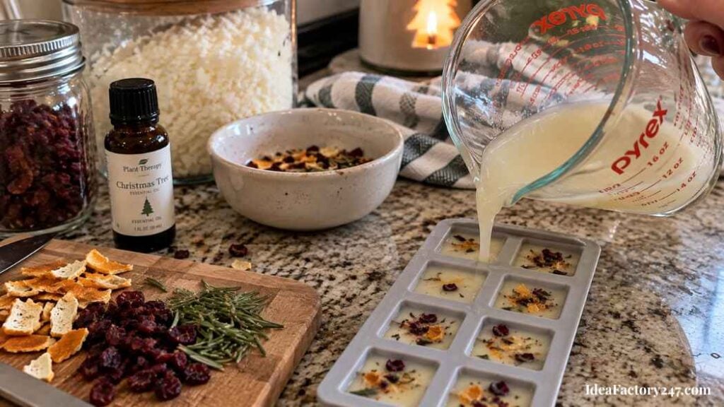 A hand pours melted wax into a silicone mold. Dried orange peel, cranberries, and rosemary are on a cutting board, with a bottle of essential oil, a jar of wax, and a candle in the background.