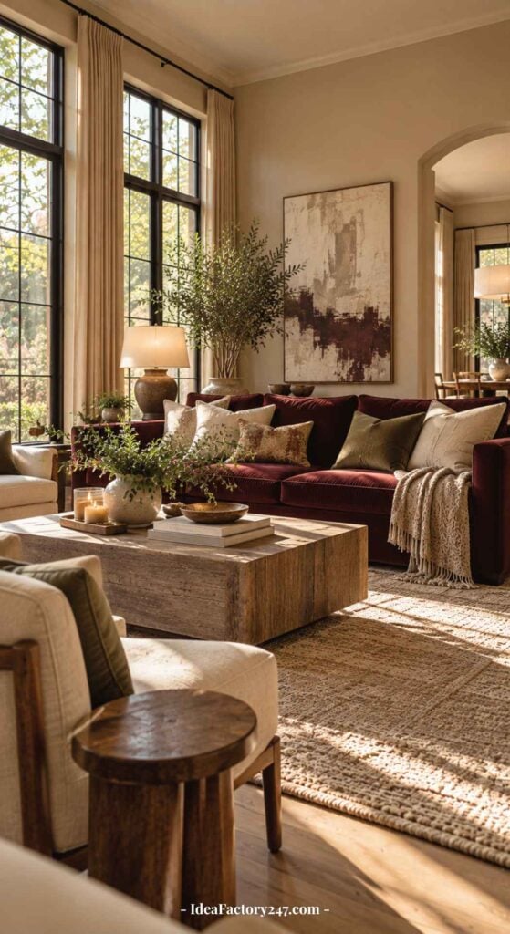 Sunny burgundy sofa living room with large windows, beige armchairs, a wooden coffee table, lush plants, neutral decor, and abstract wall art. Natural light fills the cozy, inviting space.