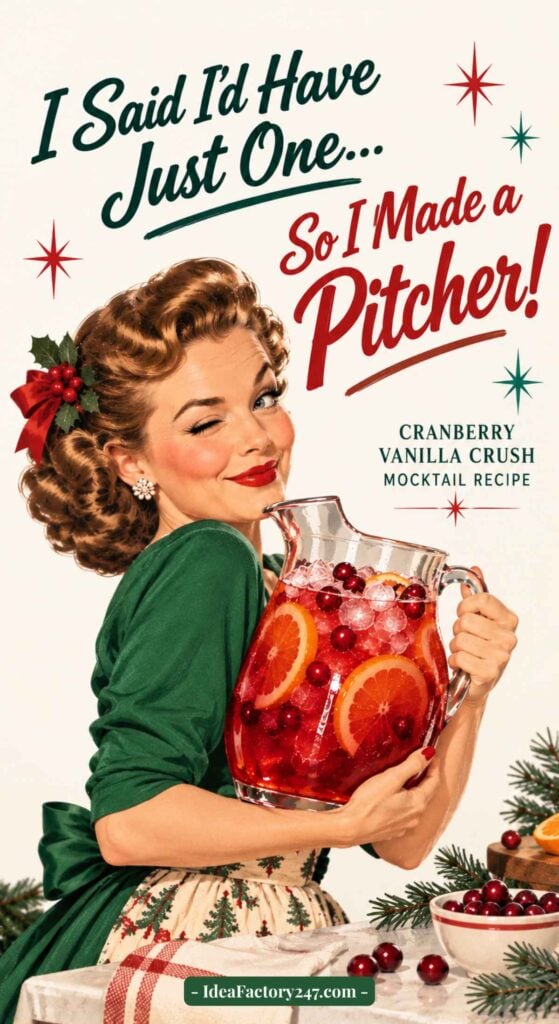 Smiling woman in vintage attire holding a large glass pitcher filled with a cranberry mocktail. Text reads, I said Id have just one... So I made a pitcher! Cranberry Vanilla Crush Mocktail Recipe..