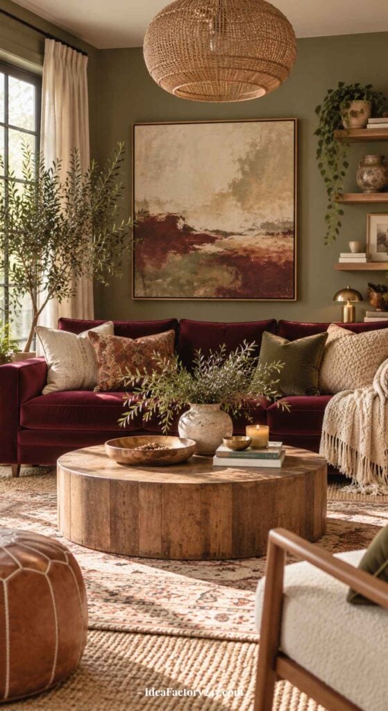 Cozy burgundy sofa living room featuring a wooden round coffee table, abstract wall art, potted plants, woven pendant light, and earth-toned decor, creating a warm, inviting atmosphere.