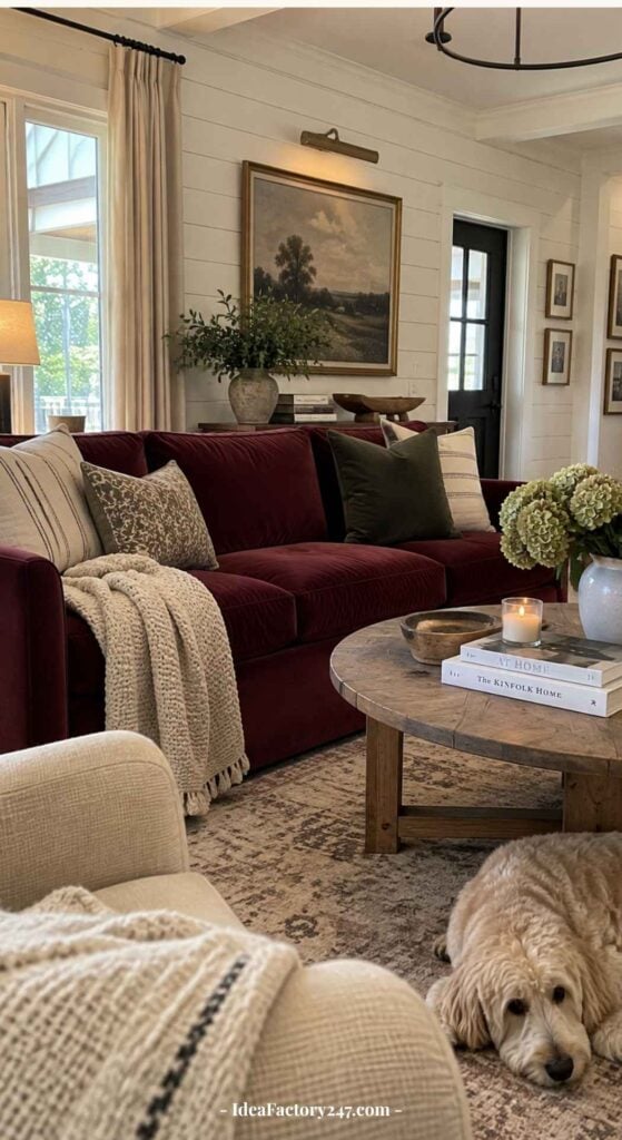 Cozy living room with a burgundy sofa, neutral pillows, throw blanket, round wooden coffee table with books, candle, flowers, and a golden retriever lying on a patterned rug. Large window and artwork in the background.