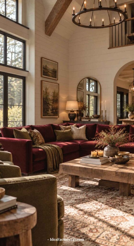 Cozy burgundy sofa living room with large windows, rustic wooden coffee table, greenery, wall art, and a round chandelier. Warm lighting and neutral decor create a welcoming, comfortable atmosphere.