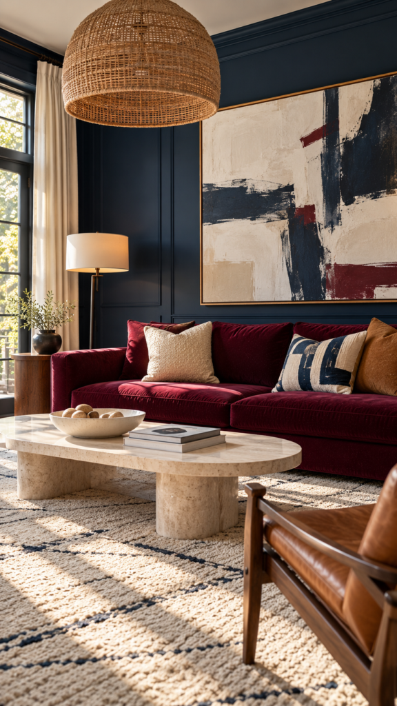 A modern burgundy sofa living room features a sleek maroon sofa, a marble coffee table, and a leather chair. A large abstract painting adorns the dark blue walls, while sunlight filters through tall windows dressed with cream curtains. The look is completed by a woven pendant light that adds warmth to the space.