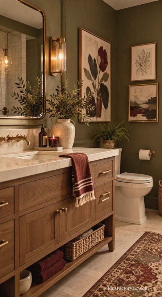 A stylish bathroom features a wooden vanity with brass fixtures, olive green walls, botanical artwork, a woven basket, and maroon towels. A large mirror, potted plants, and soft lighting create a warm, cozy atmosphere.