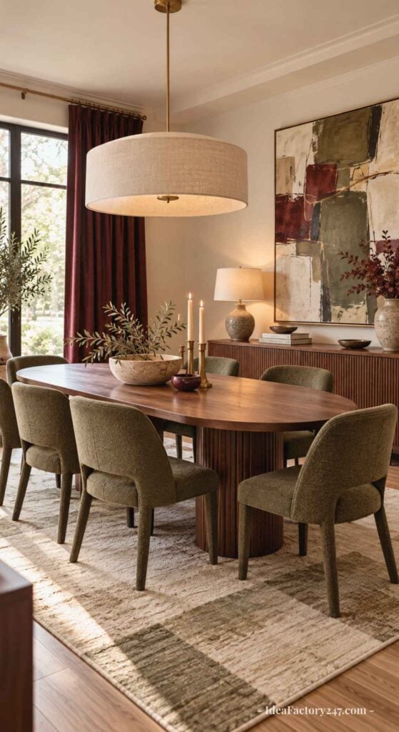 Modern dining room with a wooden table, six green chairs, two lit candles, potted plants, abstract wall art, floor lamp, sideboard, large window with maroon curtains, and neutral rug on wooden floor.